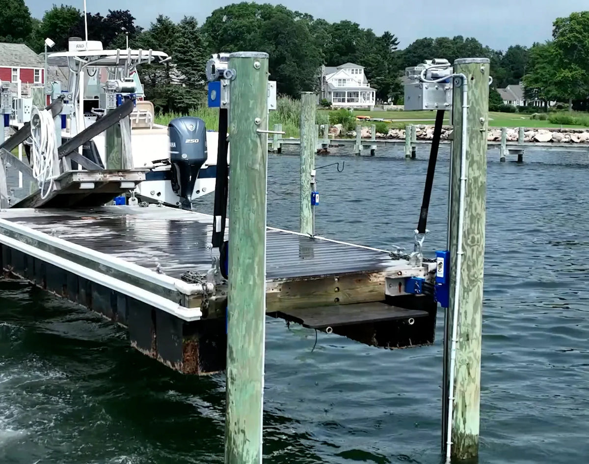 Floating dock raised clear of the water by the Lift A Dock 6000